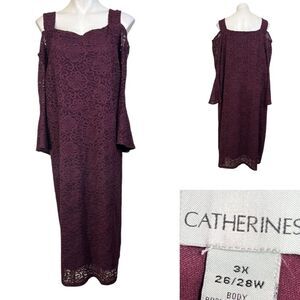 Catherine’s dress plus 3x/26-28w‎ purple lace cold shoulder midi cocktail party